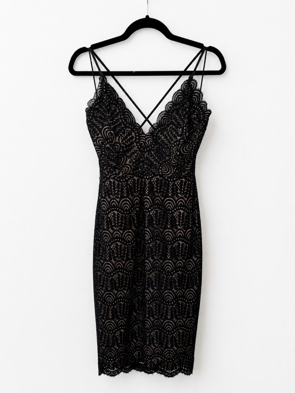 Black Lace midi Slip Dress with Scalloped V-Neck